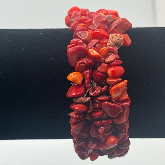 vintage chunky red coral chip stretch bracelet natural stone boho - Picture 3 of 8